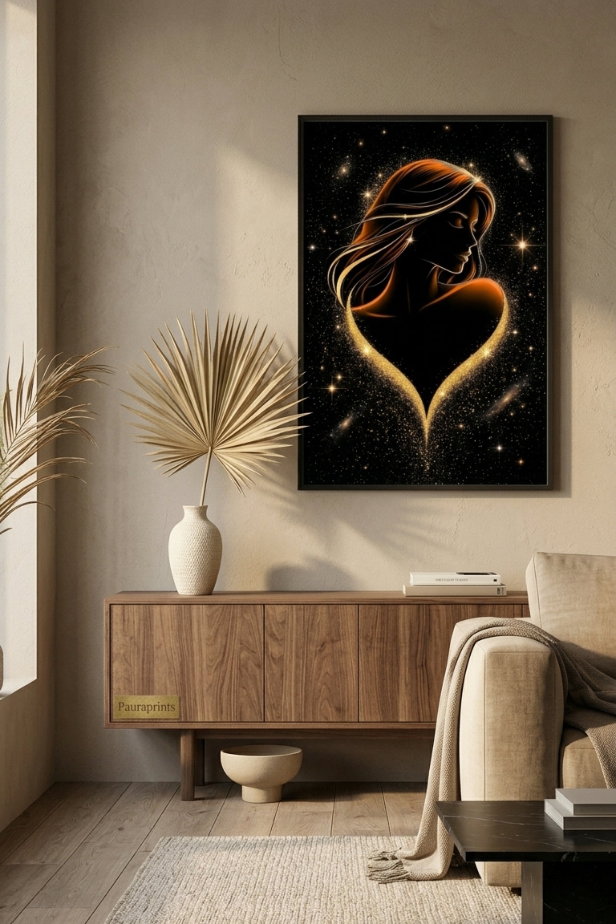 Framed artwork of a woman's silhouette in a heart shape on a wall in a living room.