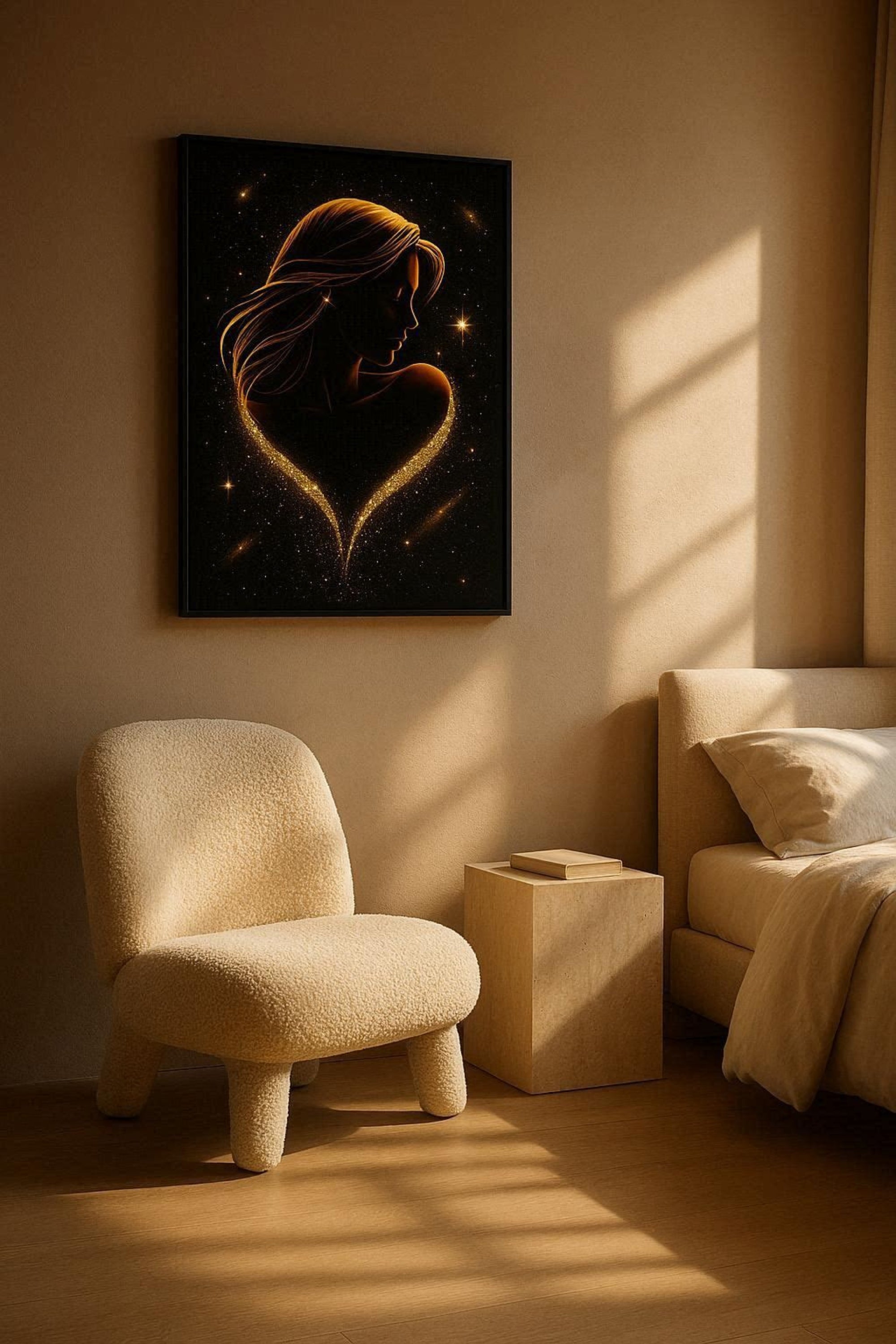 Canvas print of a silhouette in a heart shape on a wall in a cozy room with a chair and bed.