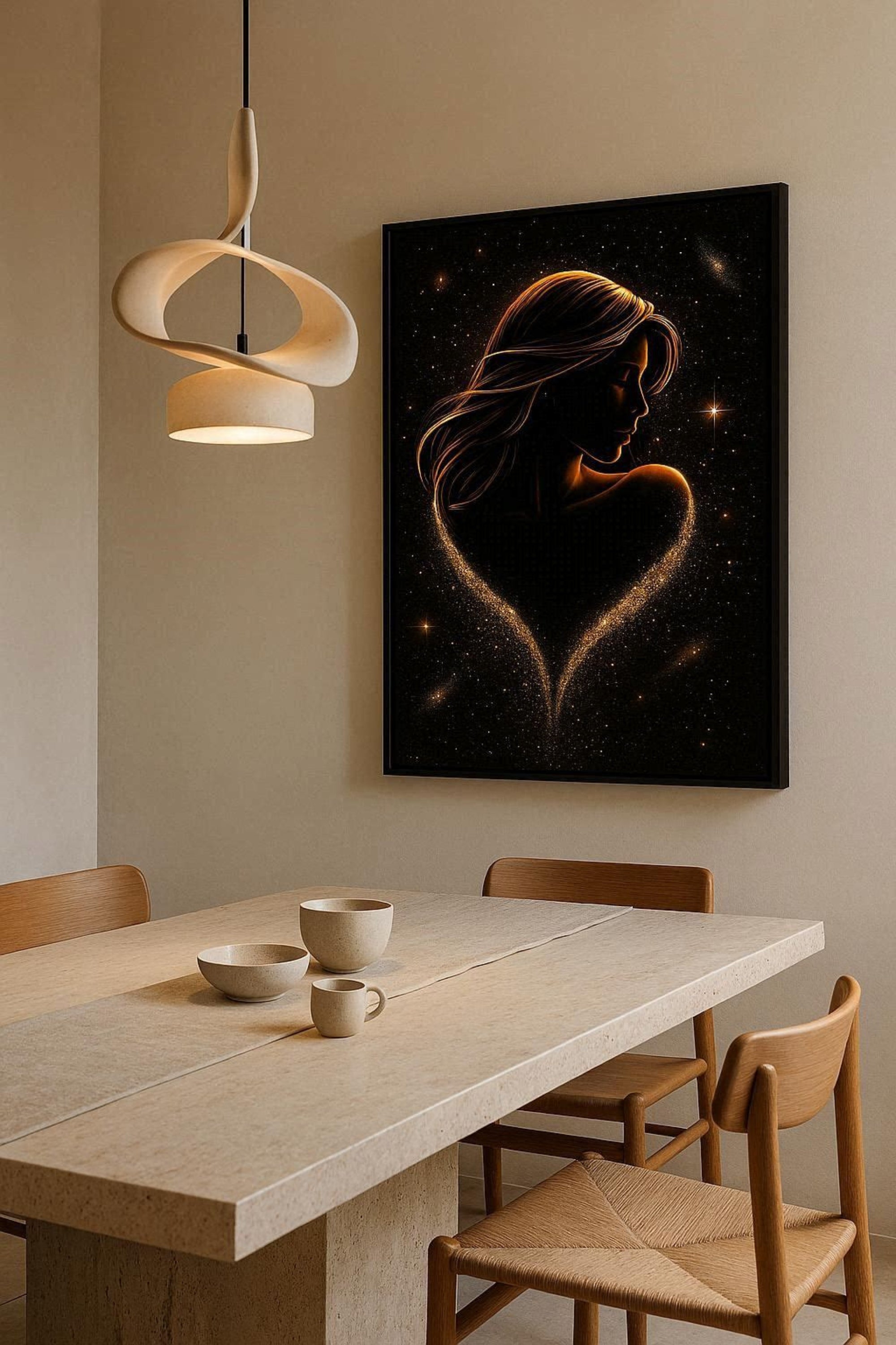 Dining room with a table set for two, a pendant light, and a wall art piece of a silhouette in a heart shape.