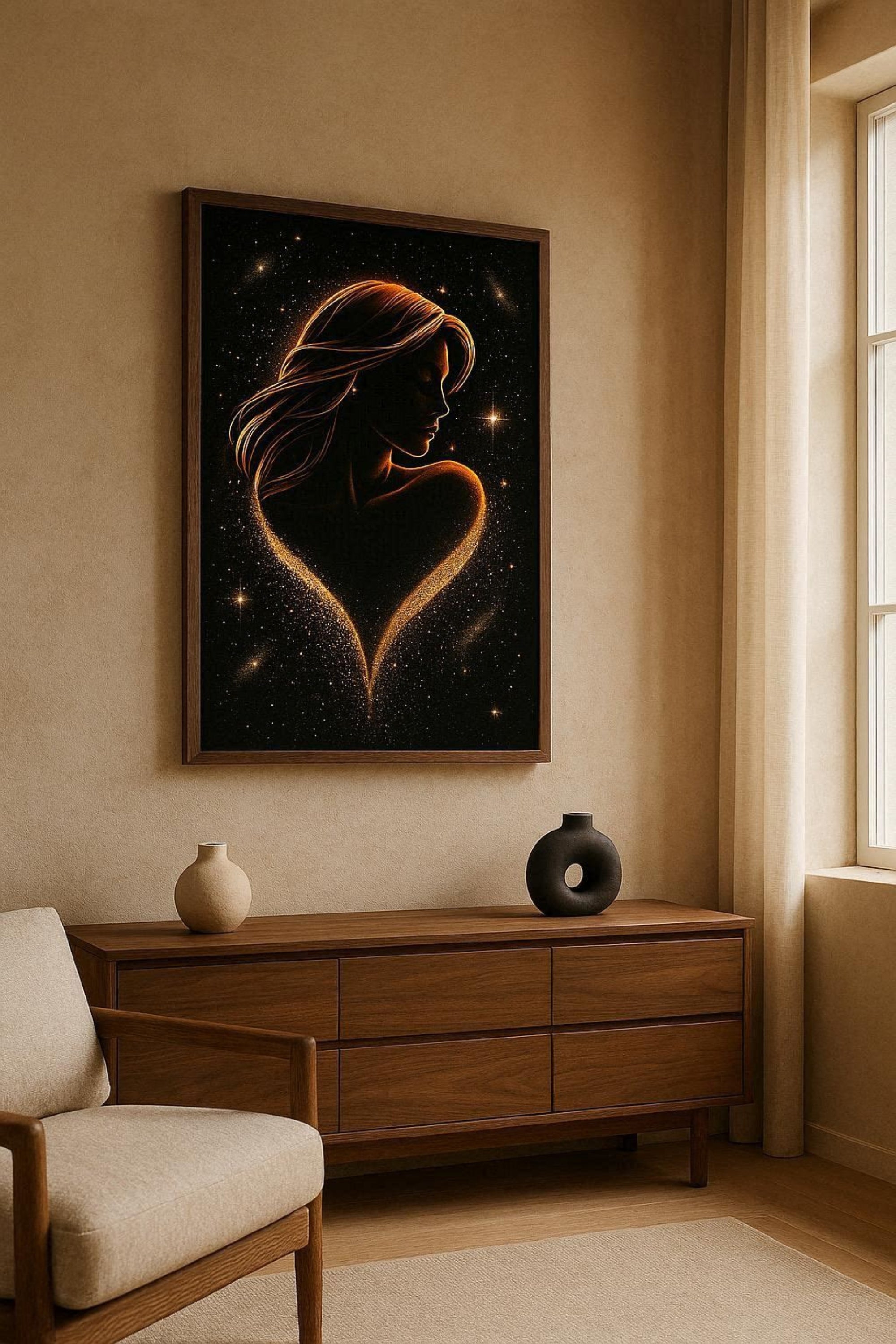 Framed artwork of a woman's silhouette with a heart shape on a wall in a room with a wooden dresser and chair.