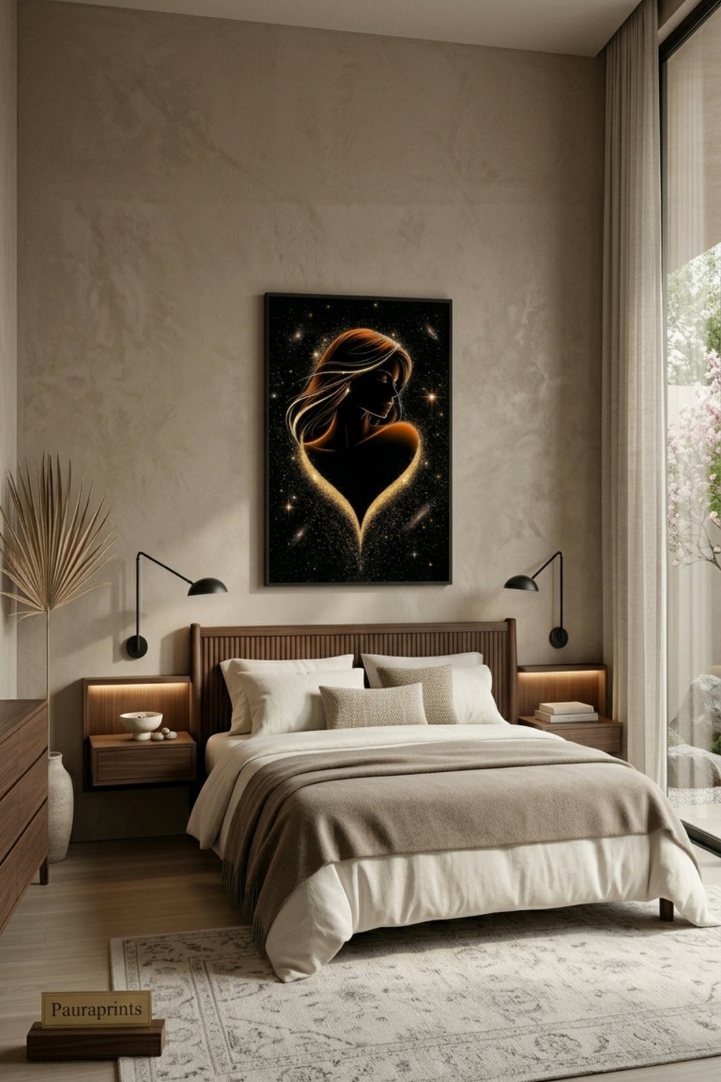 Modern bedroom with a heart-shaped art piece on the wall