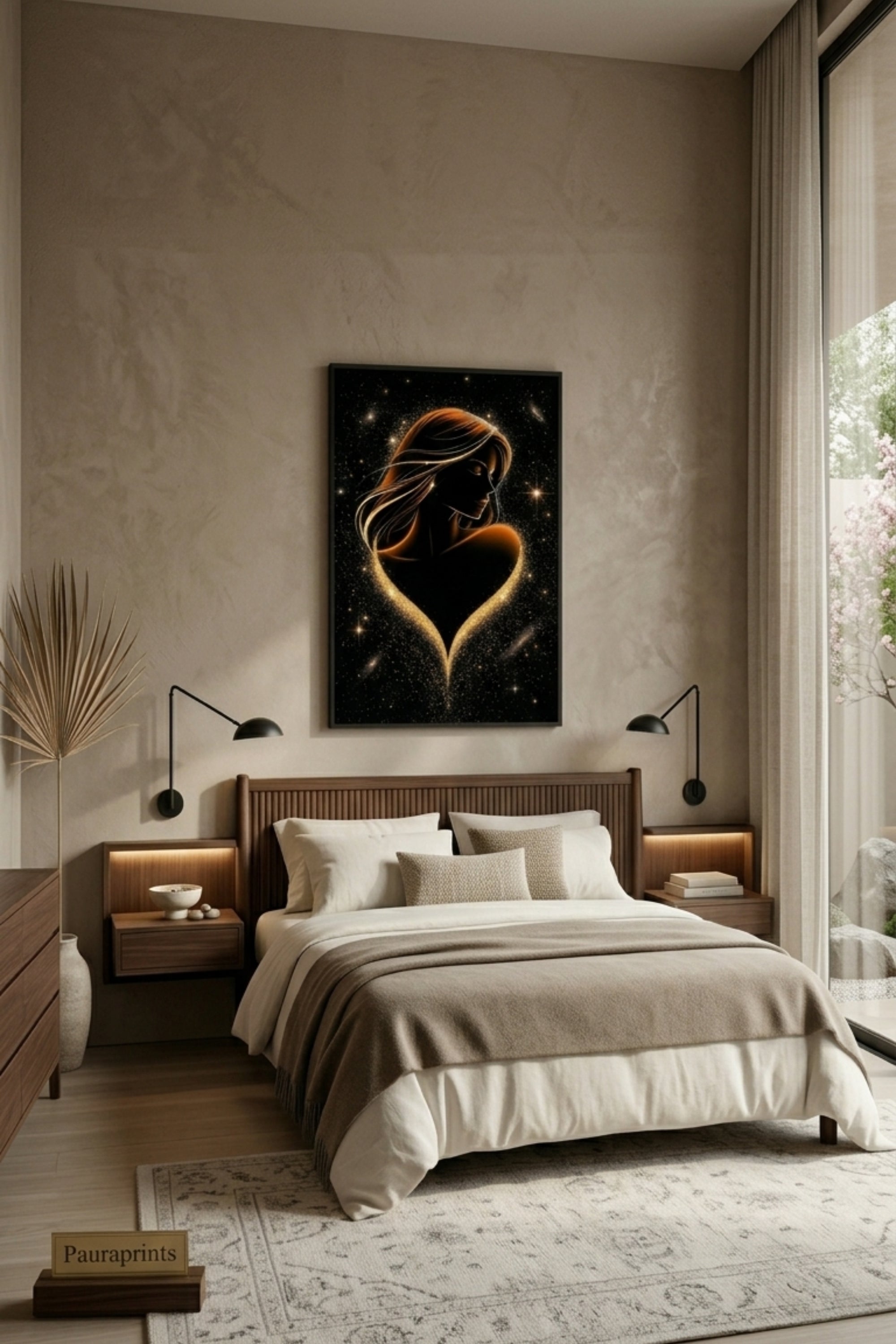 Modern bedroom with a heart-shaped art piece on the wall
