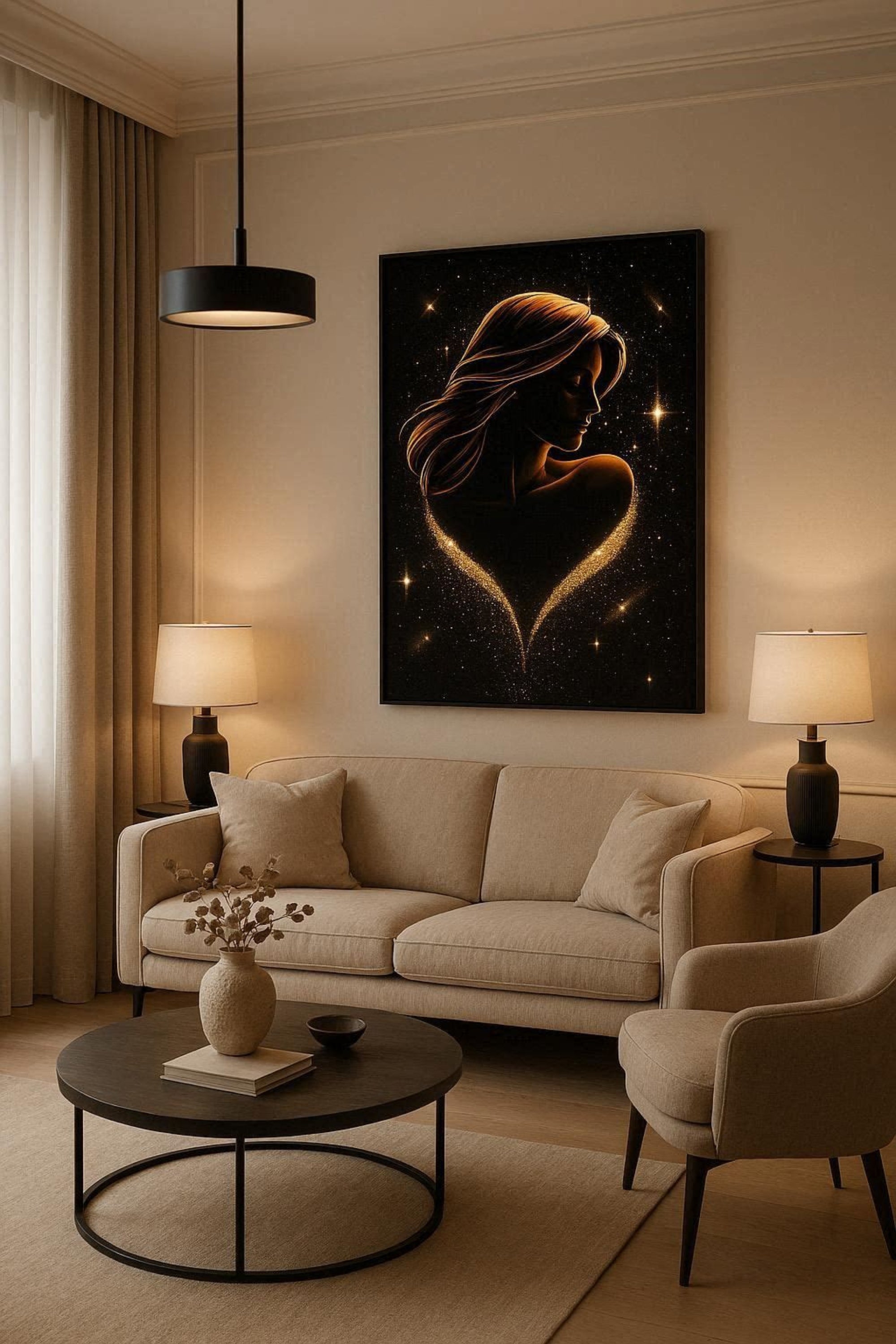 Modern living room with beige sofa, round coffee table, and wall art of a woman's silhouette.