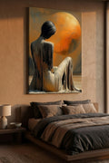 Painting of a woman with a horse on a wall above a bed in a bedroom.