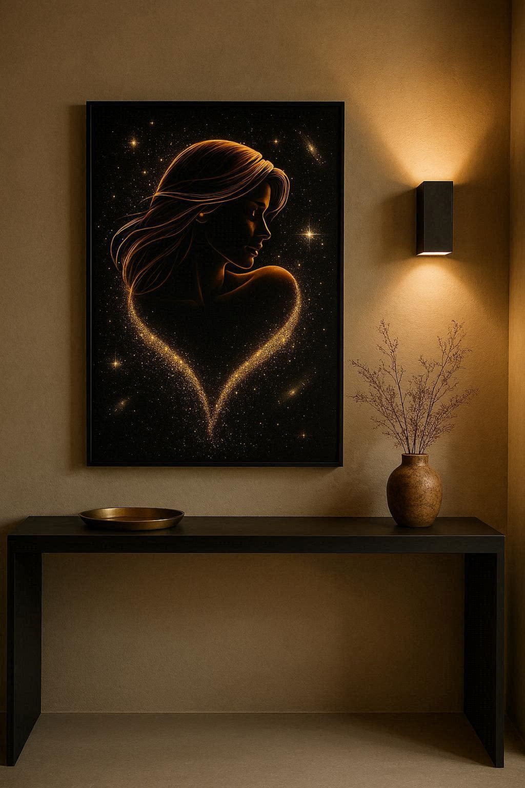 Wall art of a woman's silhouette with stars in a room with a table and decorative items.
