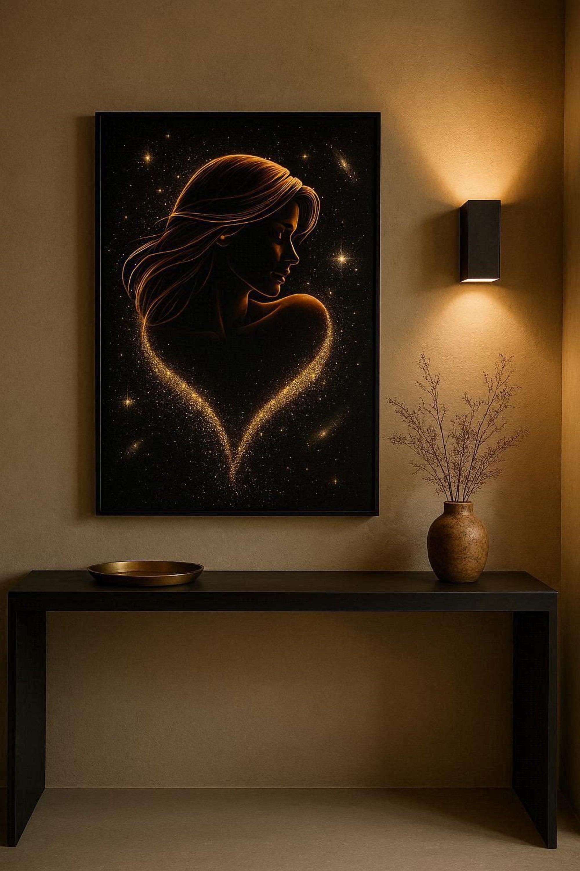 Wall art of a woman's silhouette with stars in a room with a table and decorative items.