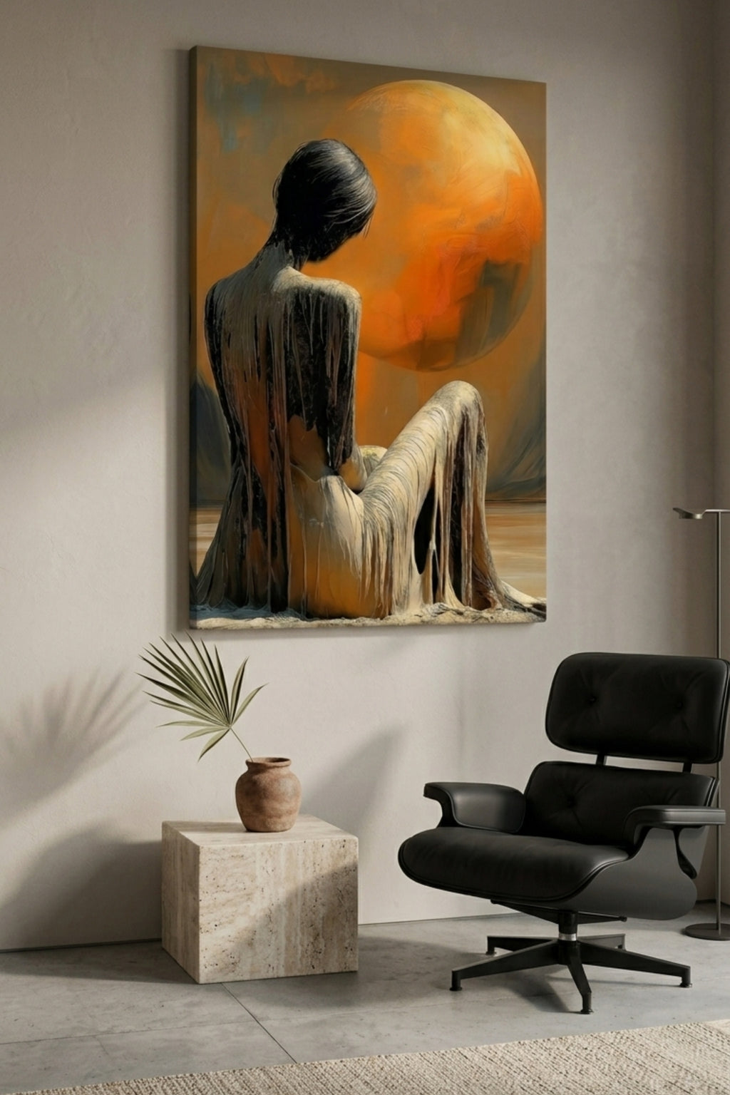 Modern interior with a black chair, small table, and a large painting of a woman against an orange sky.