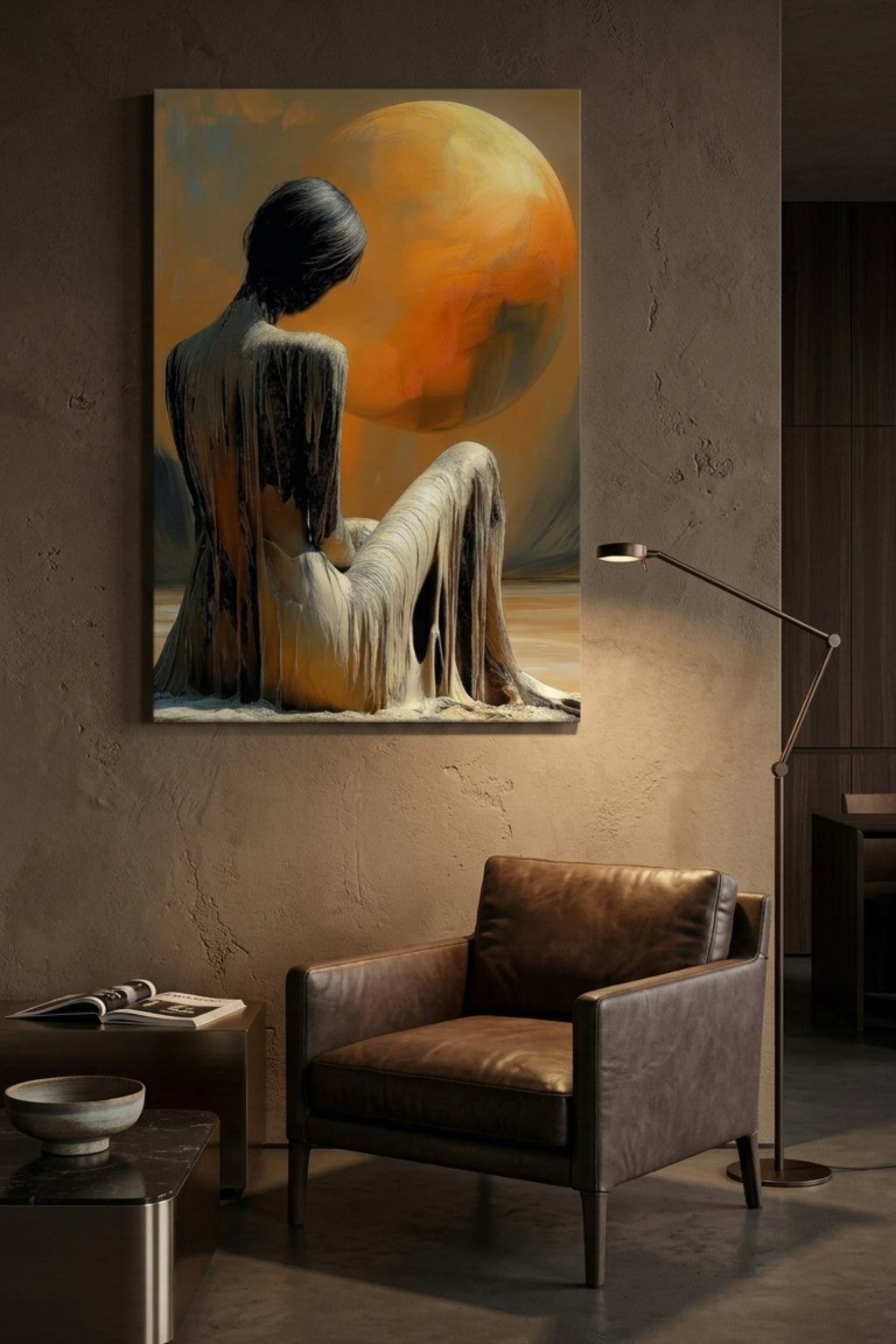 Painting of a woman sitting on a wall in a room with a brown armchair and lamp.