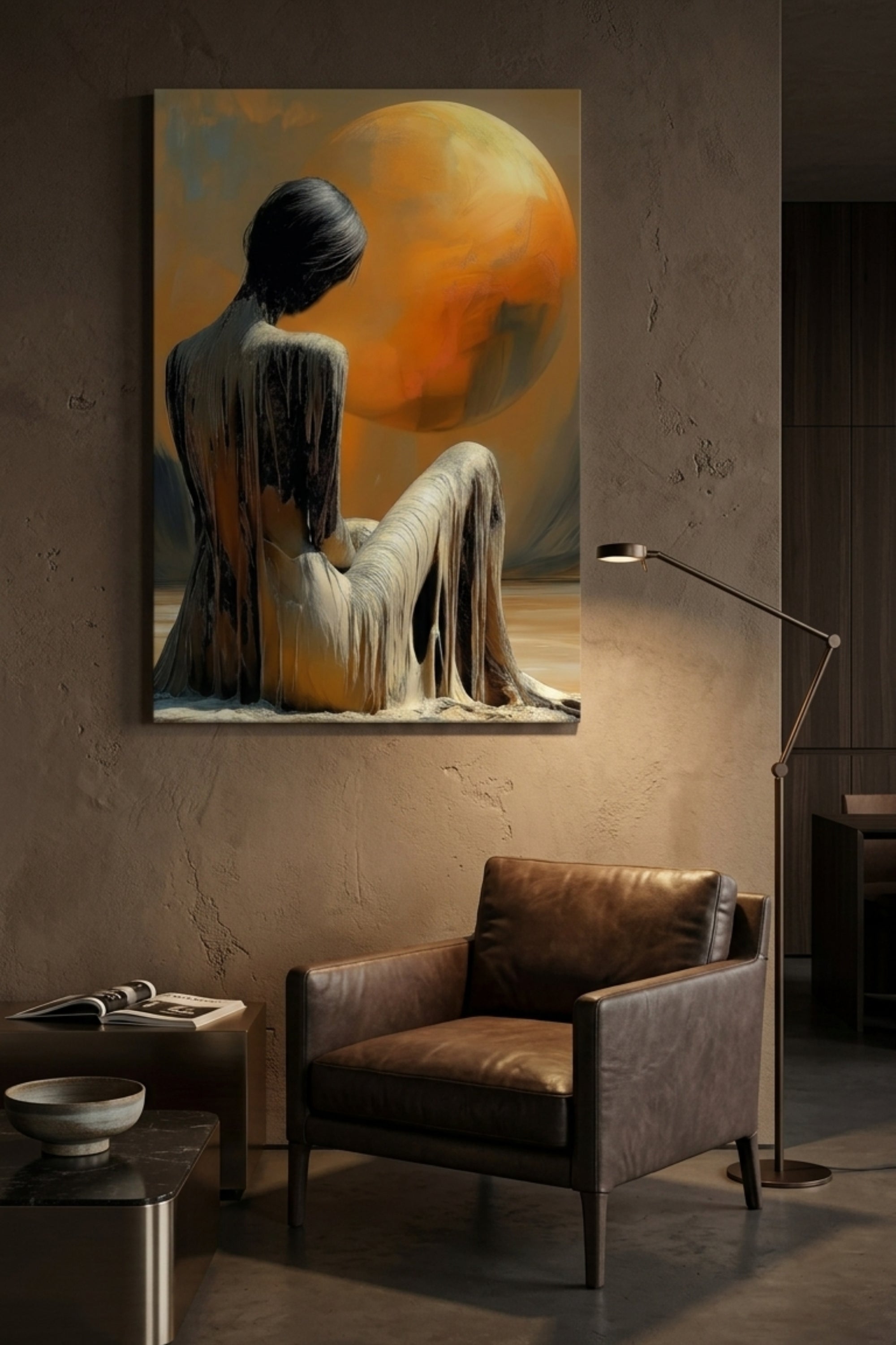Painting of a woman sitting on a wall in a room with a brown armchair and lamp.