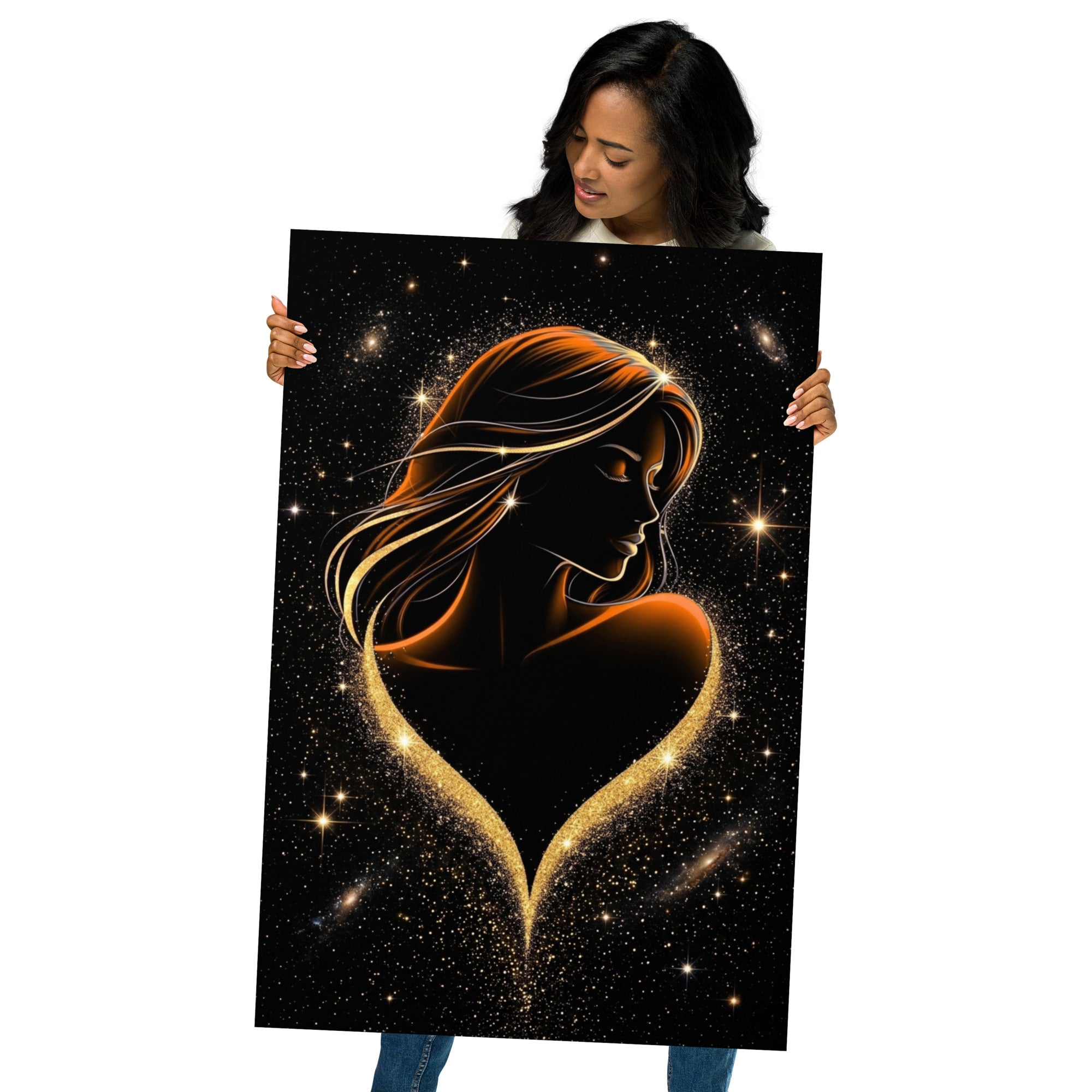 Woman holding a large poster of a silhouette of a woman with long hair against a starry background.