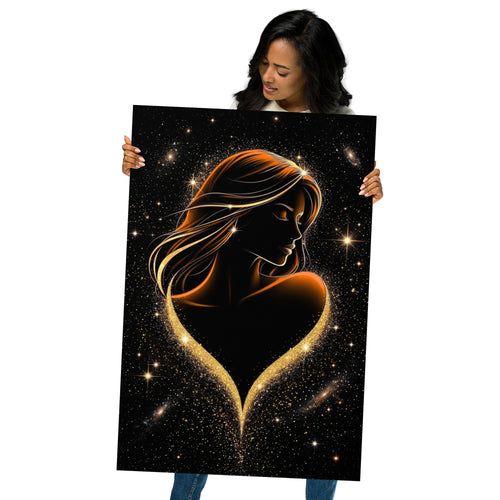 Woman holding a large poster of a silhouette of a woman with long hair against a starry background.